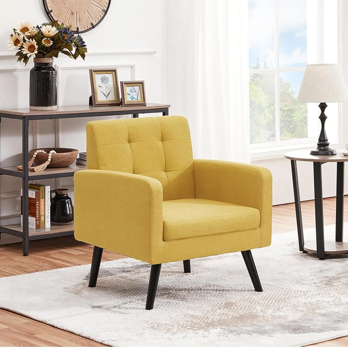 Mid-Century Accent Chairs, Modern Upholstered Living Room Chair, Cozy Armchair Button Tufted Back and Wood Legs for, Customized