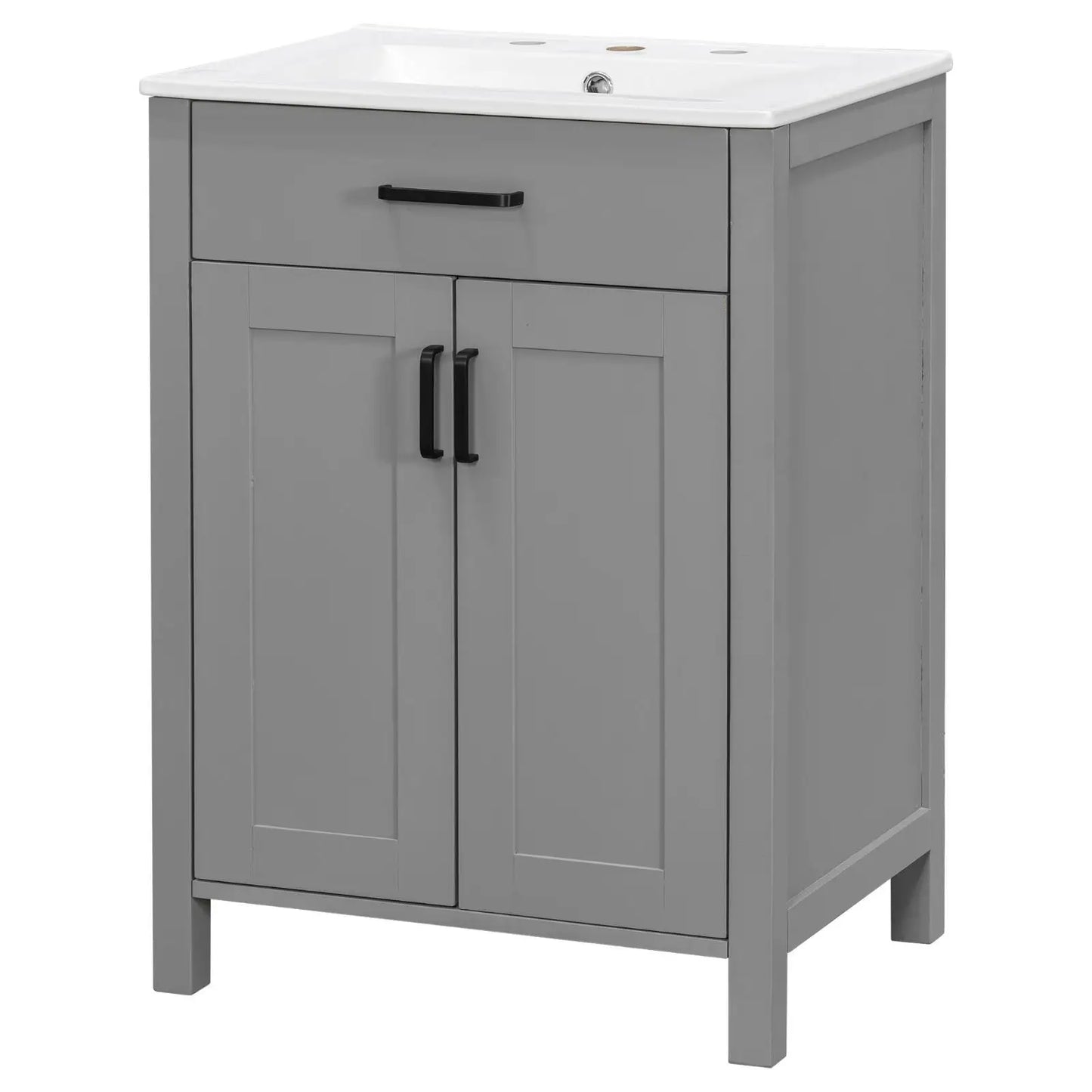 Grey Solid Wood Bathroom Vanities Ceramic Sink Combo Space Saving Doors Cabinet Set for Small Contemporary Bathrooms