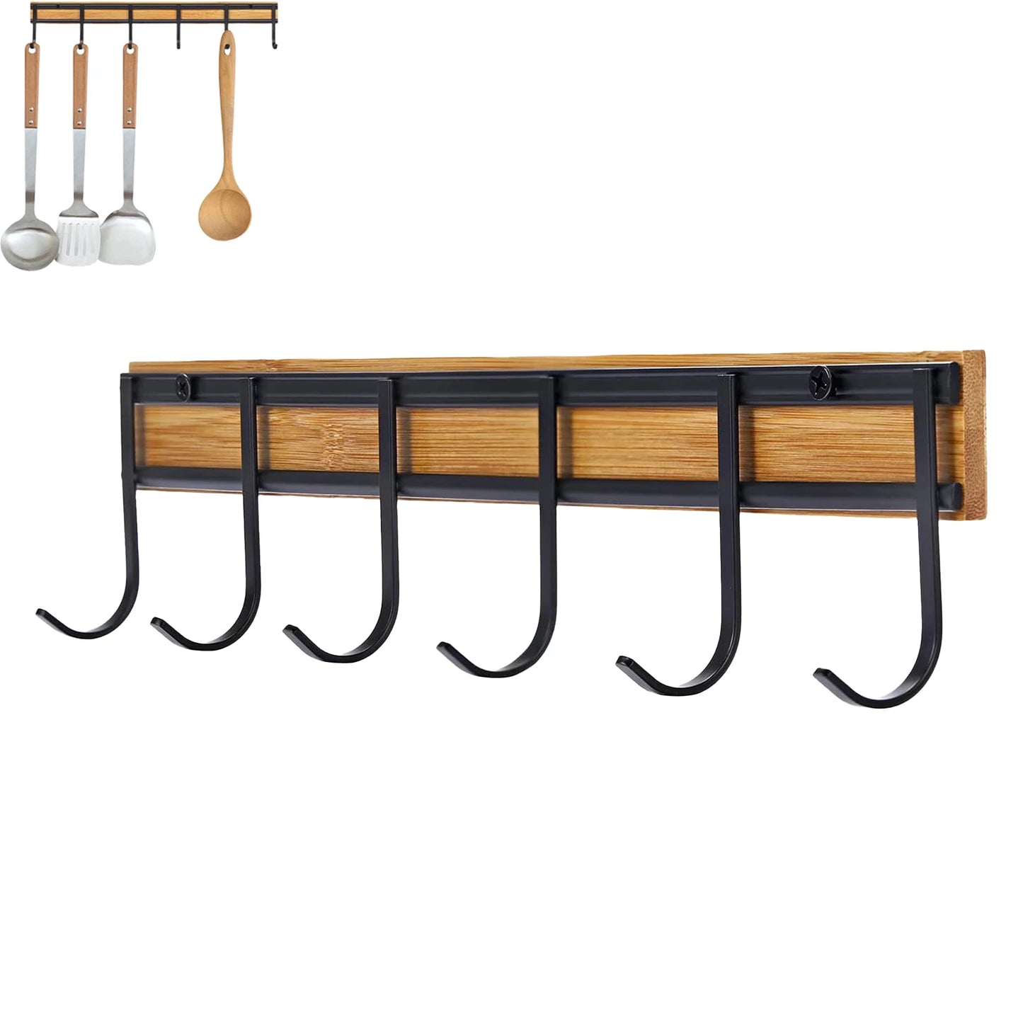 2PCS Wall Mounted Kitchen Utensil Hooks Set of 6 Black Metal Bamboo Decor Hangers Space Saving Organizer for Spoon Towel Key