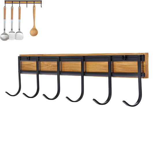 2PCS Wall Mounted Kitchen Utensil Hooks Set of 6 Black Metal Bamboo Decor Hangers Space Saving Organizer for Spoon Towel Key