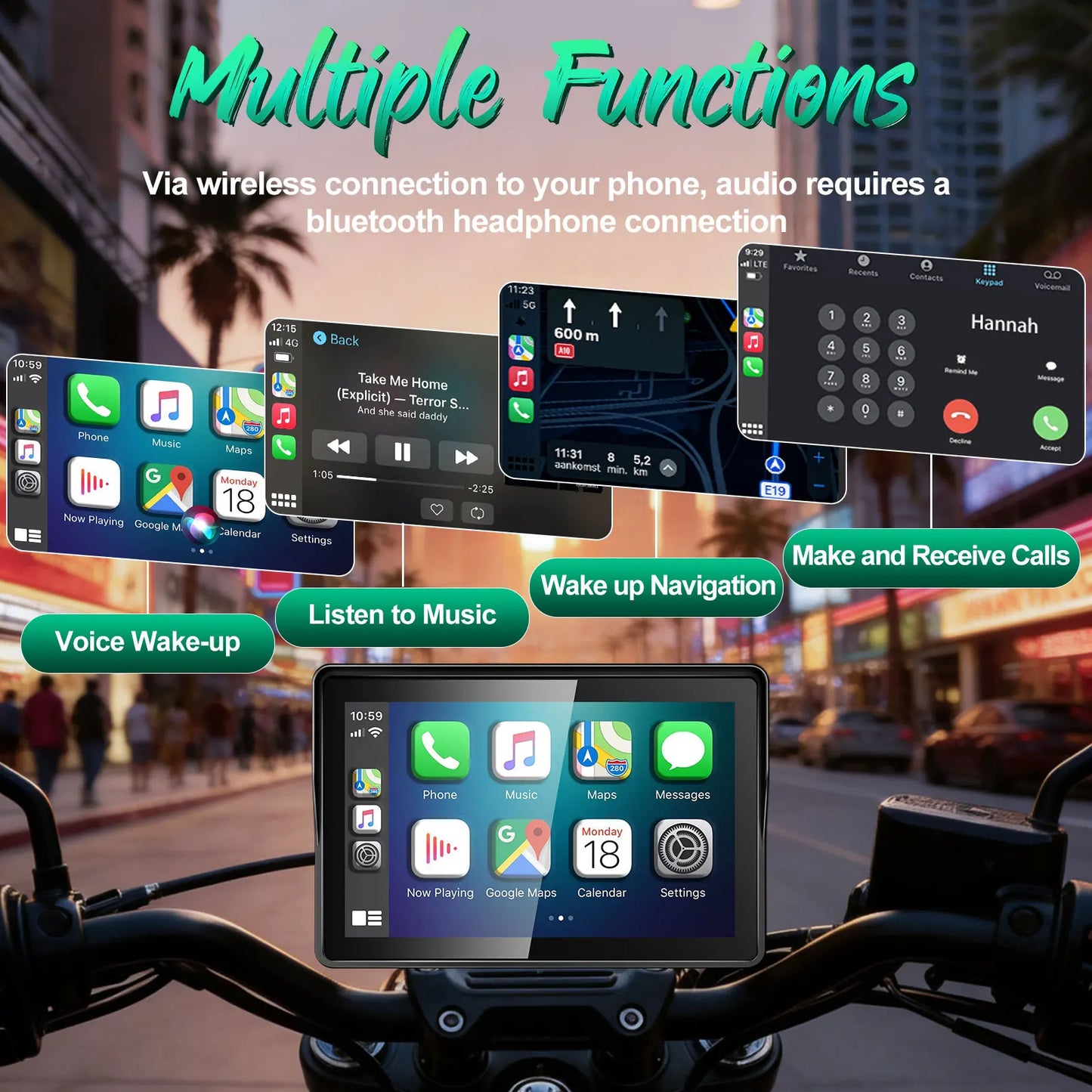 5 inch Wireless Motorcycle CarPlay Android Auto Compatible with All Models Portable GPS Navigation Dashboard Fit For ZX Moto