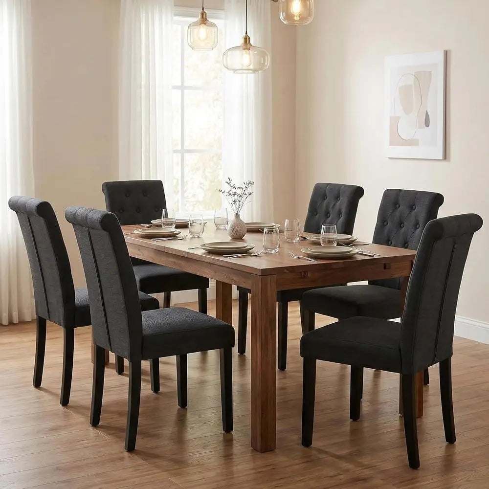 Set o 6 Upholstered abric Dining Chairs with Button-Tuted Details (Set o 6 Black,No Table)