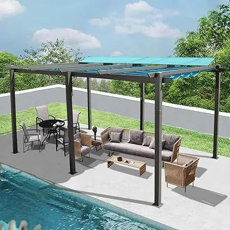 Outdoor Living 11’ X 16’ Outdoor Retractable Pergola with Weather-Resistant Canopy Aluminum Garden Pergola Patio Grill Gaze