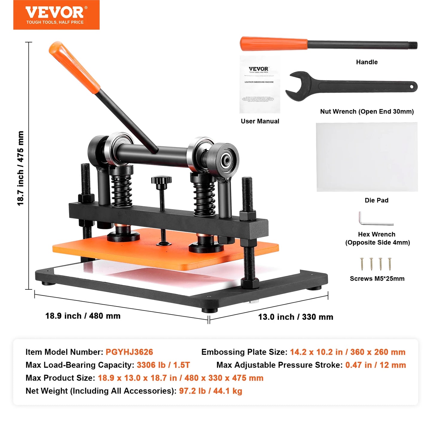 SucceBuy Leather Cutting Machine Embossing Plate Manual Die Cutter 0.47 in Pressure Stroke Leather Embossing Machine