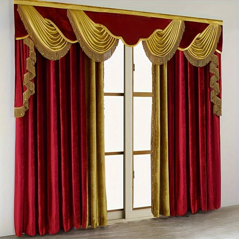 2pcs American style French luxury curtain villa bedroom living room flannel red finished product, without valance