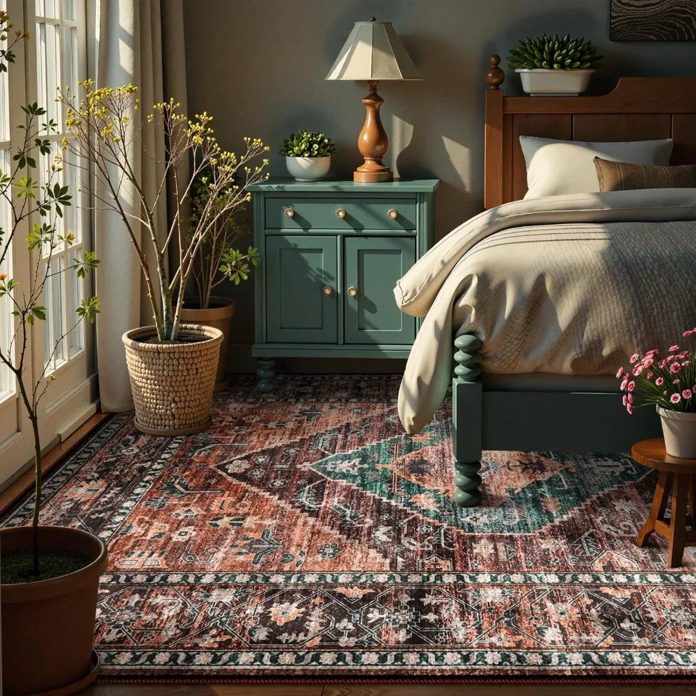 8x10 Ultra-Thin Living Room Rug (Non-Slip Washable Non-Shedding) (Oriental Vintage Distressed Carpet for Dining, Bedroom, Office