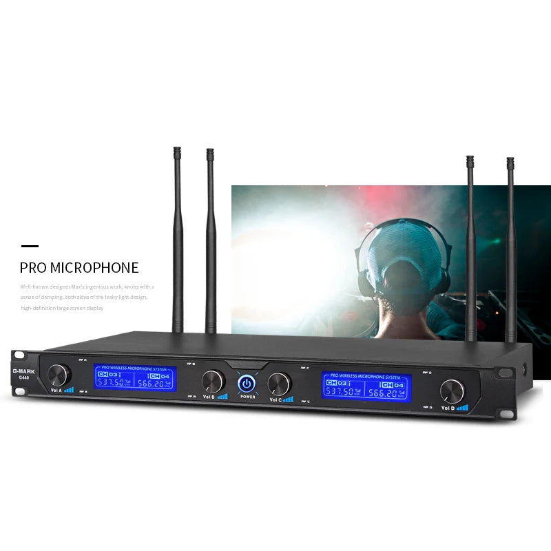 G-MARK Wireless Microphone System, 4 Channel Wireless Microphones with Rechargeable Handheld Mics, 250FT Range, UHF Metal Cordle