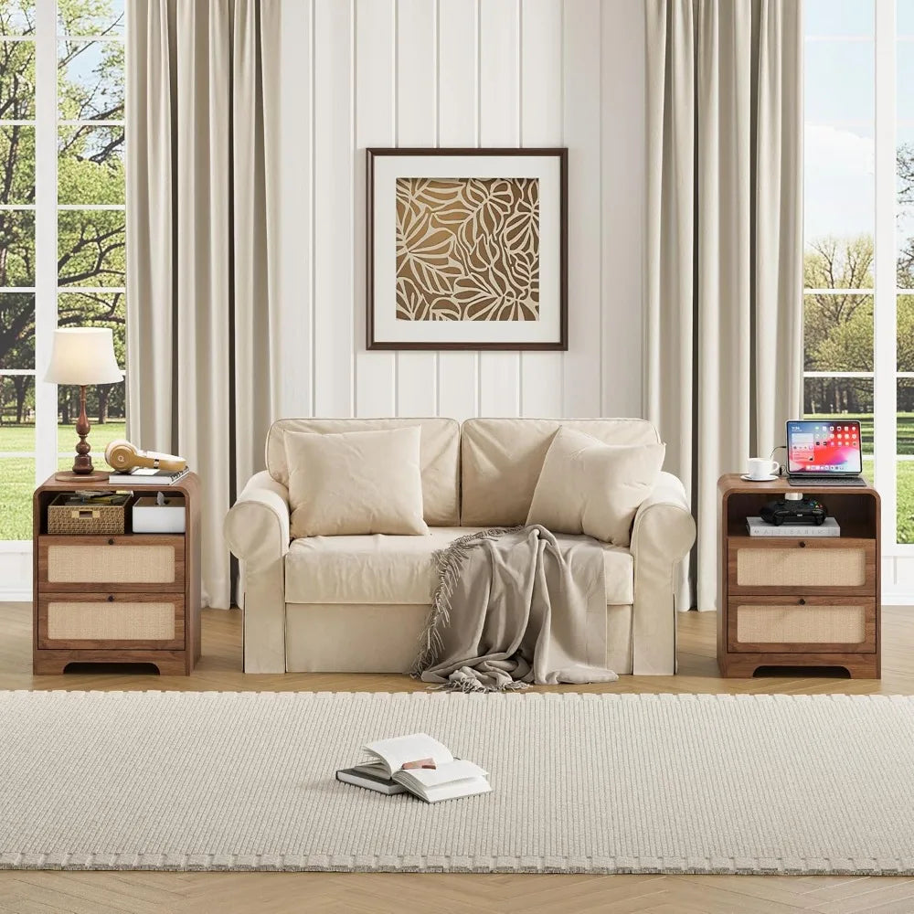 Set of 2 Night Stand with Charging Station, 19.7" Wooden Side Table Curved Nightstands with 2 Drawers & USB/Type-C, Customized