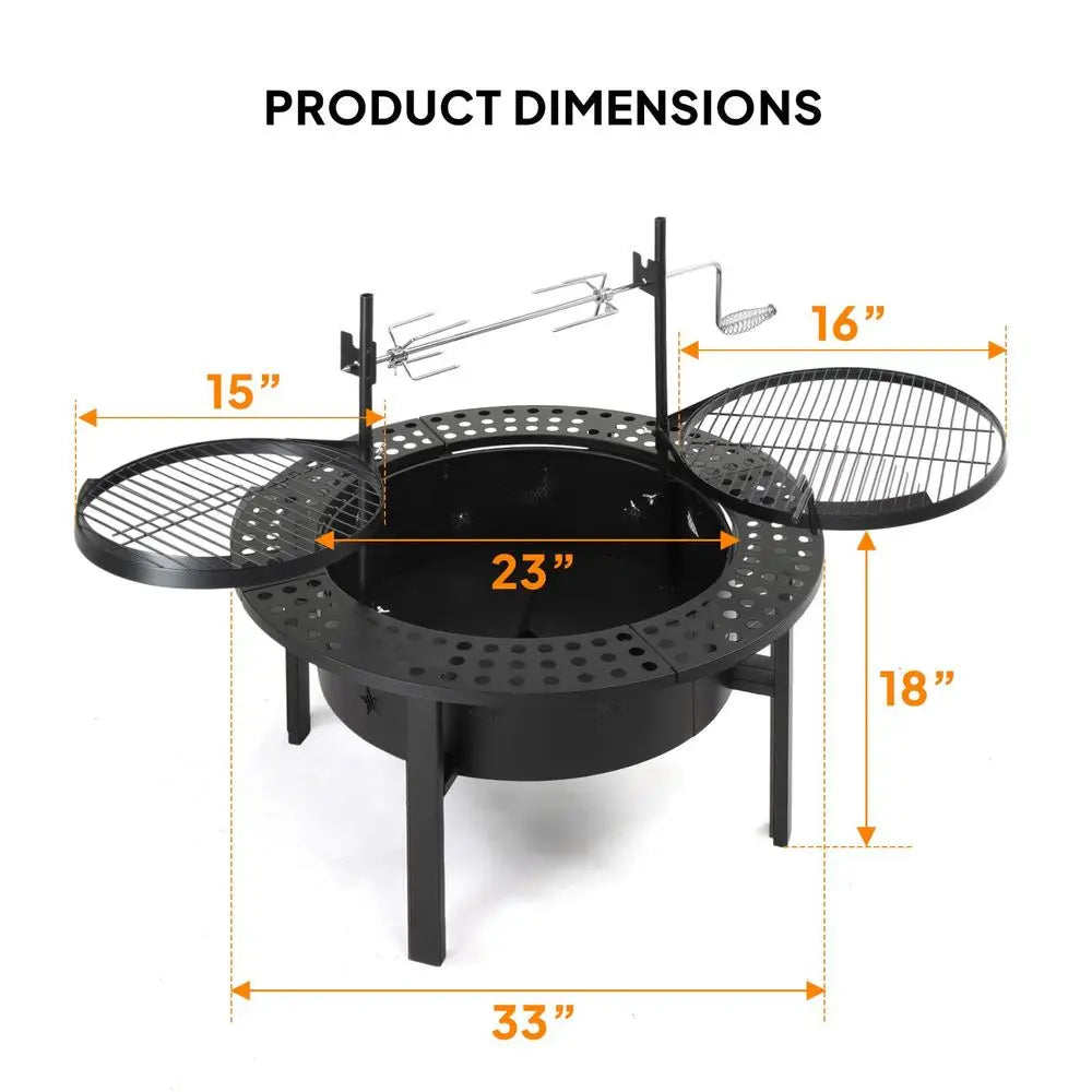 Upgrated 33 Outdoor Fire Pit with 2 Grills, Grill with Side Shelves, Wood Burning Round Firepit with Swivel Cooking Grate, Remo