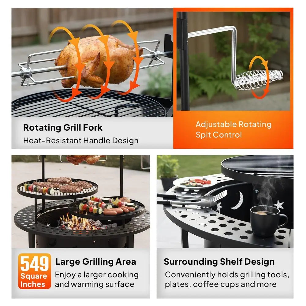 Upgrated 33 Outdoor Fire Pit with 2 Grills, Grill with Side Shelves, Wood Burning Round Firepit with Swivel Cooking Grate, Remo