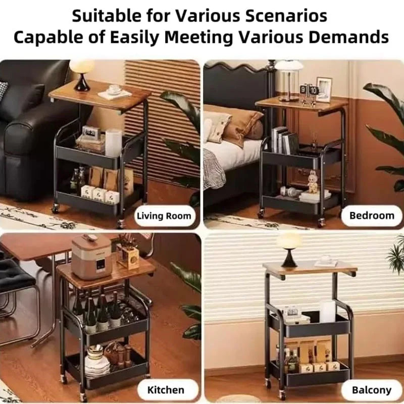 Three-Tier Metal Rolling Multi-Functional Storage Cart with Walnut Wood Top, Stable and Durable, with Two Lockable Wheels, Suitable for Kitchen, Bathroom, Snacks, Coffee, Crafts, Cosmetics, and Baby Products