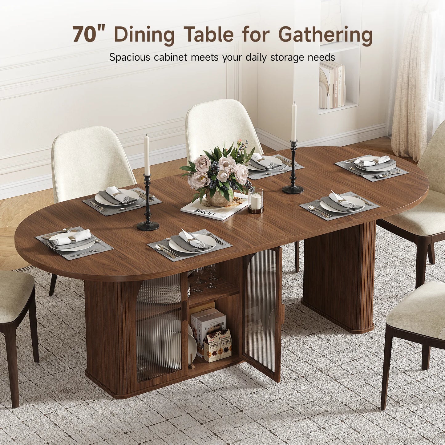 Walnut 70 Inch Oval Dining Table for 6-8 People, Modern Large Dining Room Table with 2-Tier Storage Space, Wood Center Kitchen Table with LED Light, Dinner Table with Heavy Duty Legs