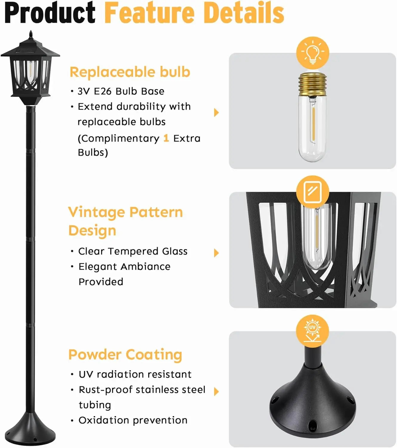 63" Solar Lamp Post Light 2 Pack, Waterproof Outdoor Lights for Patio, Backyard, Porch Decor with Warm White Replaceable Bulb