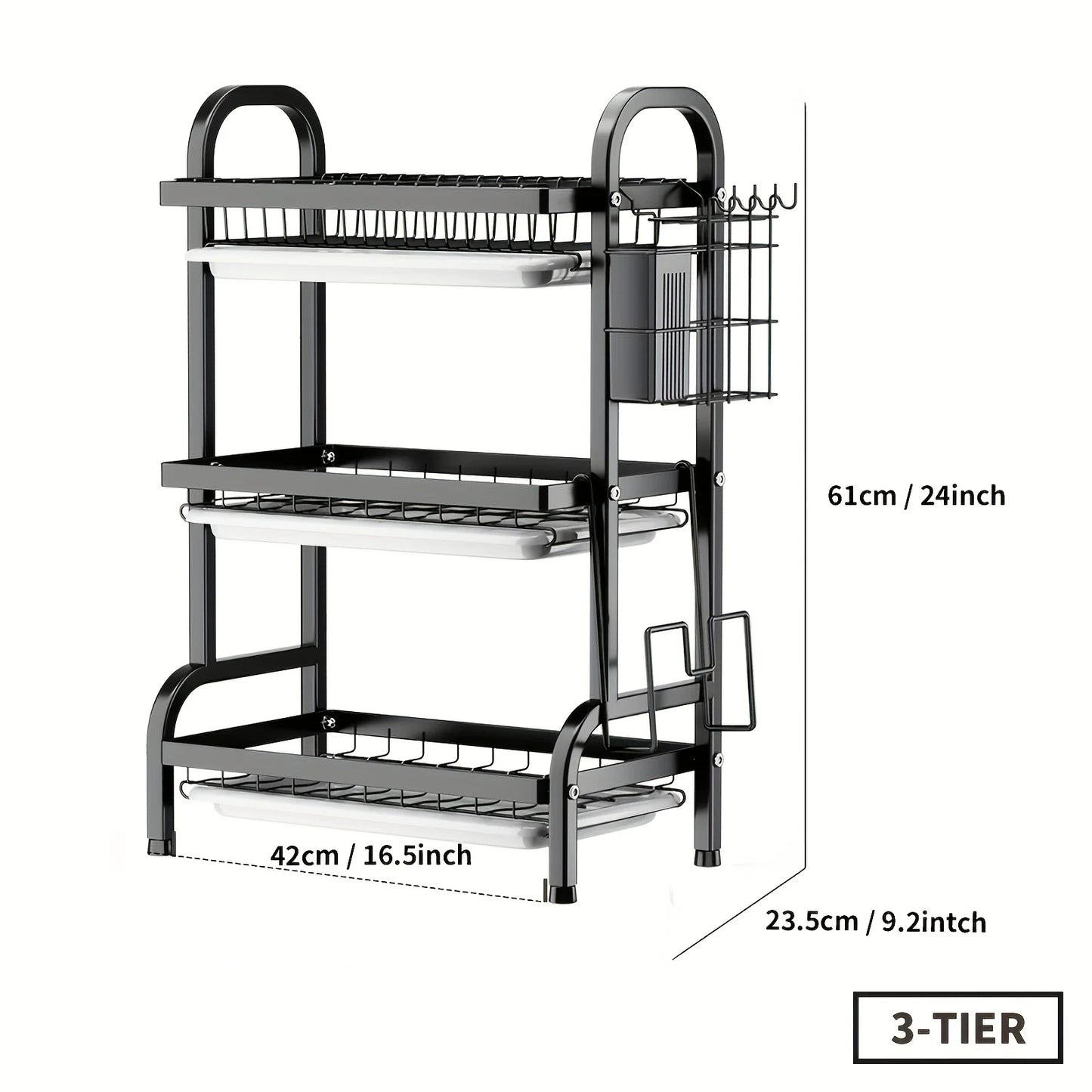 Dish Rack, Three-Tier Space-Saving Kitchen Countertop Dish Holder, Storage Rack with Cutting Board, Bowl and Plate Holder