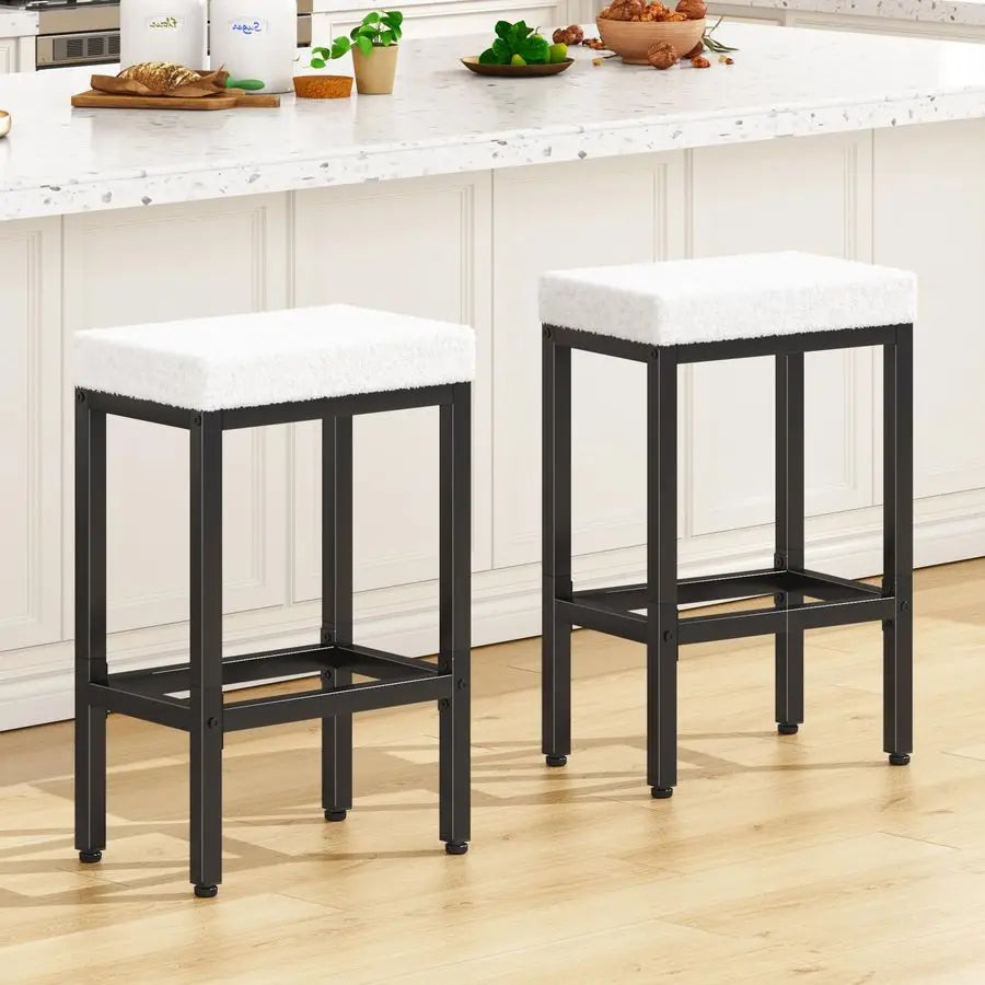 26 Inch Counter Height Bar Stools Set of 2, White Modern Kitchen Barstools with Metal Leg, Bar Stool Chairs for Kitchen Island C