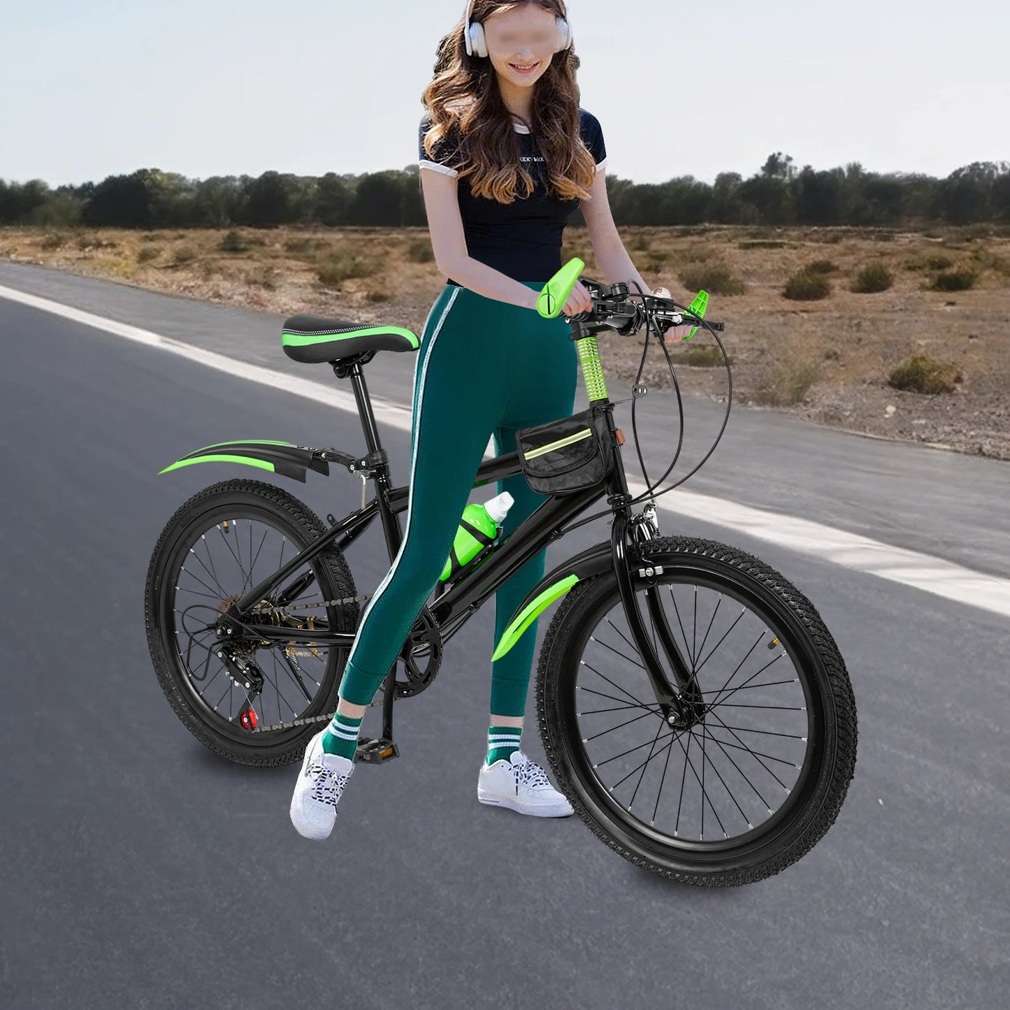 20 Inch Kids Mountain Bike 7 Speed Boys Girls Bicycle Dual Brakes Adjustable Seat 85kg Capacity with Water Bottle Bag for Ages 6-12 Red/Green