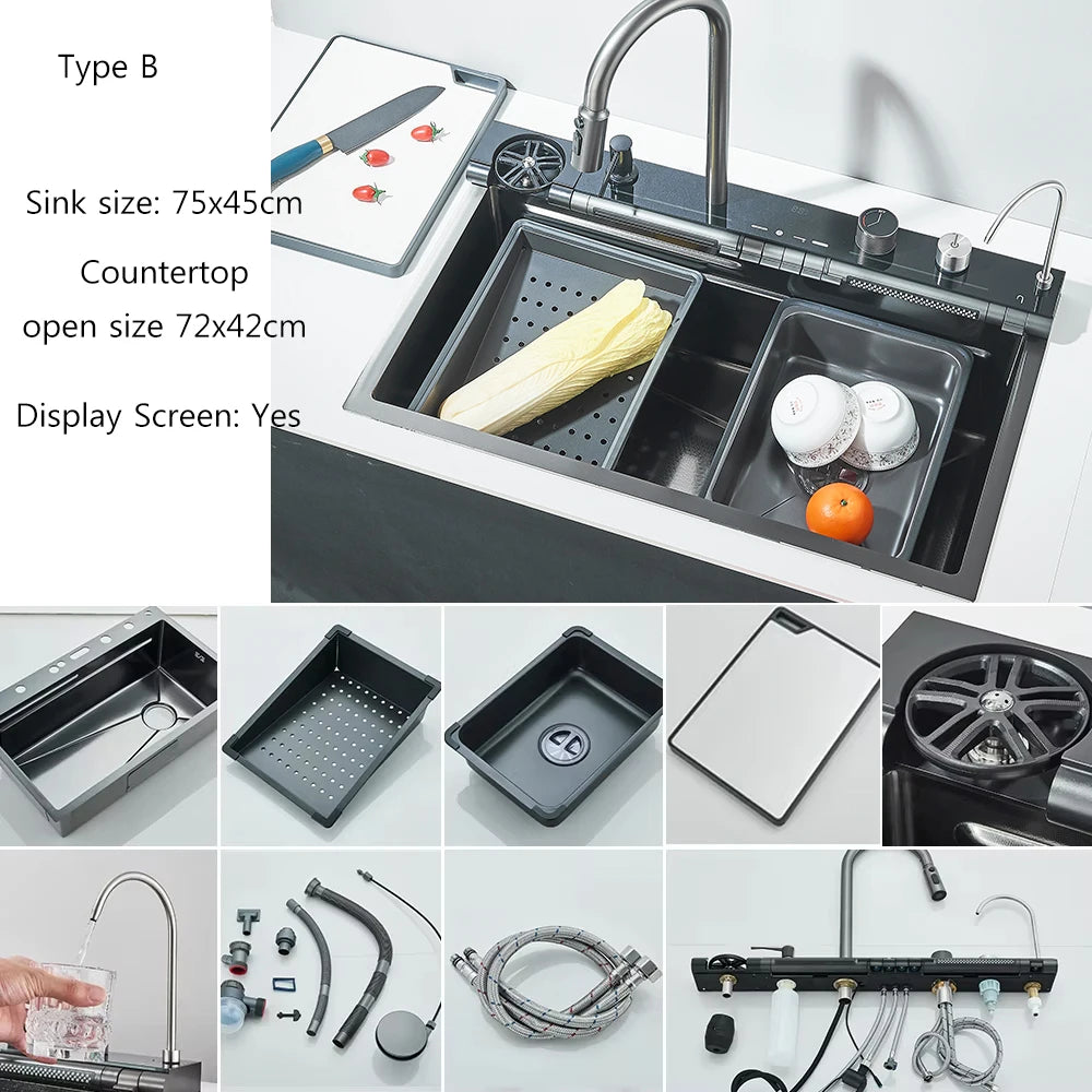 Brushed Golden Smart Digital Display Integrated Kitchen Sink Set Waterfall/Rainfall Water Purifier Soap Dispenser Cup Washer