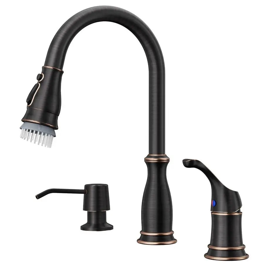 3 Hole Kitchen Faucet, Bronze Kitchen Sink Faucet with Pull Down Sprayer 3 Modes for 23 Hole Sink, Oil Rubbed Bronze Faucets wit