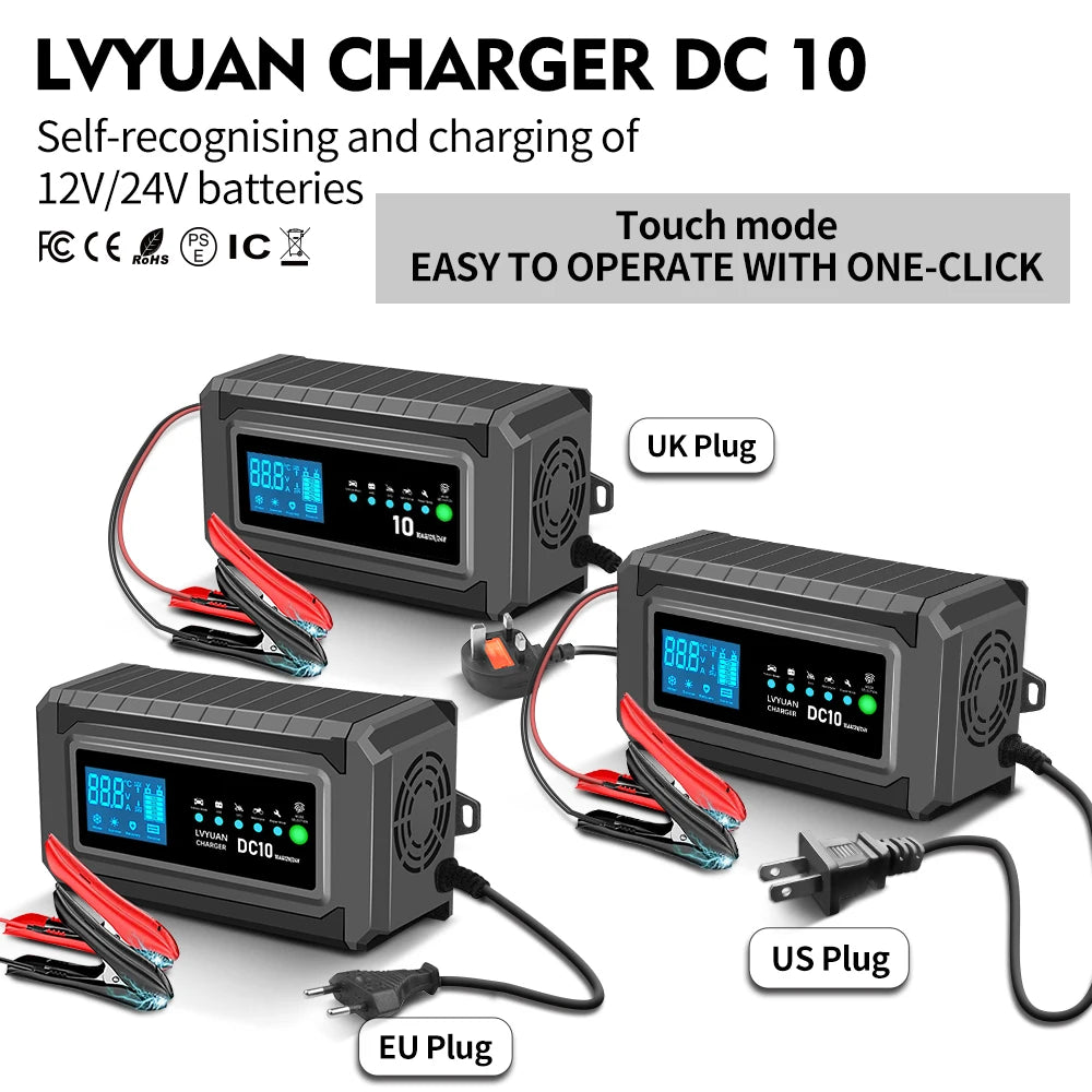 LVYUAN Battery Charger 10Amp Current with LCD Display Smart Charging For LiFePO4/battery