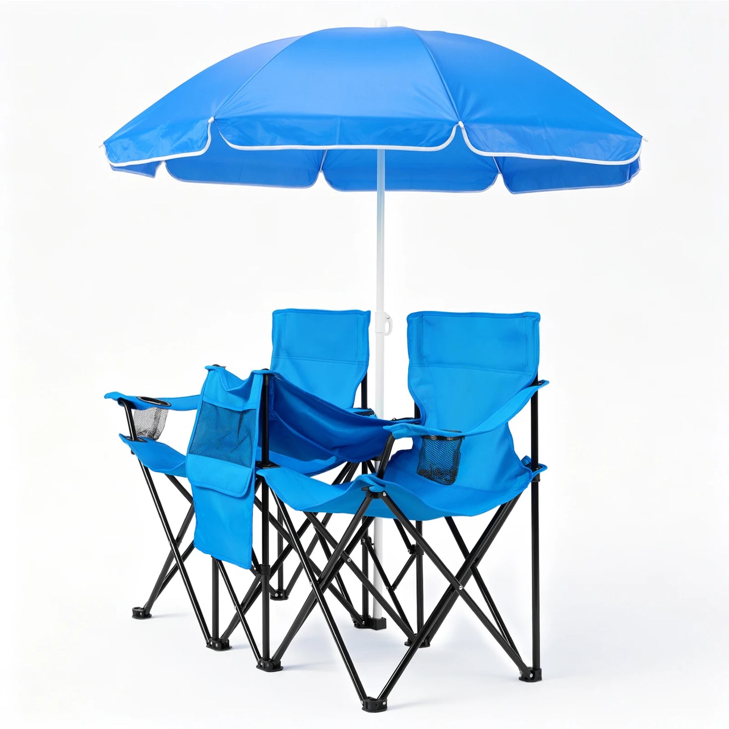 55.91"*19.69"*31.50"Double Folding Beach Chair with Removable Adjustable Umbrella, 2-Person XL Camping Chair with Cooler Bag, Cup Holders, Side Pocket, Heavy Duty 529 lbs Load, Oxford Cloth Iron Frame for Outdoor, Beach, Camp