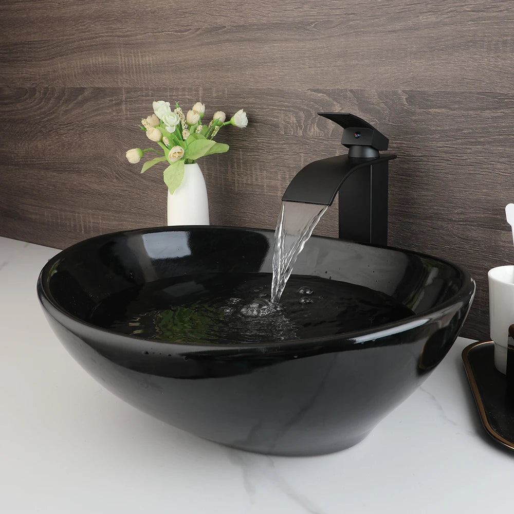 KEMAIDI Oval Vessel Sink with Faucet White Marbling Bathroom Vessel Sinks Above Counter  Ceramic Vessel Sinks for Bathroom Mixer