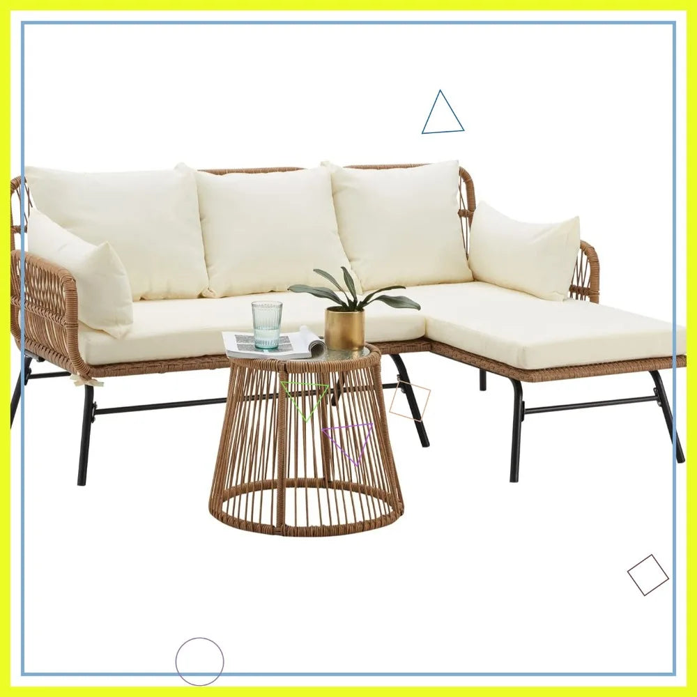 3-Piece L-Shaped Patio Furniture Set with Thick Cushions & Tempered Glass Table for Garden Balcony Porch, White
