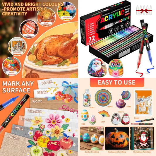 72 Colors Acrylic Paint Markers with Soft Brush Tip for Wood Fabric Canvas Glass Stone Rock Painting and DIY Crafts Premium Art