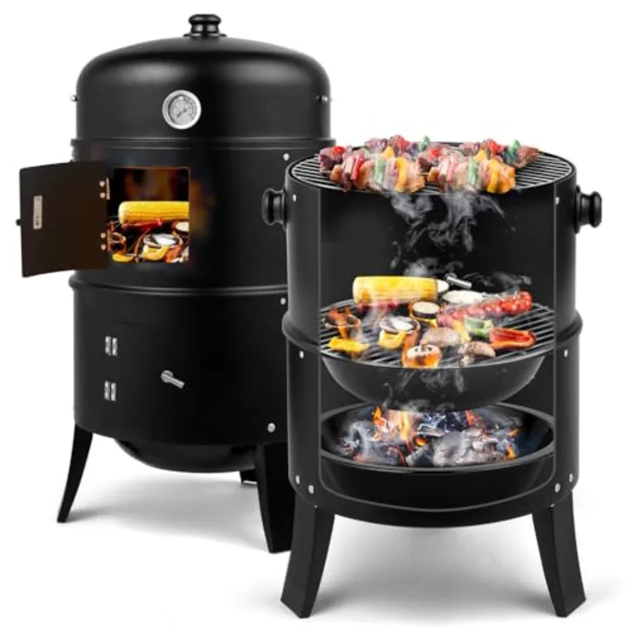 18 Inch Multi-Layer Charcoal BBQ Smoker Grill for Outdoor Cooking, Patio, Parties, Backyard Heavy Duty Steel, Black, with Built