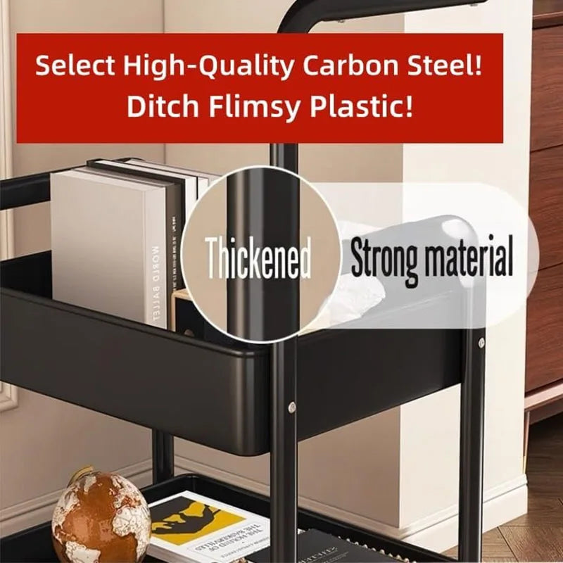 Three-Tier Metal Rolling Multi-Functional Storage Cart with Walnut Wood Top, Stable and Durable, with Two Lockable Wheels, Suitable for Kitchen, Bathroom, Snacks, Coffee, Crafts, Cosmetics, and Baby Products