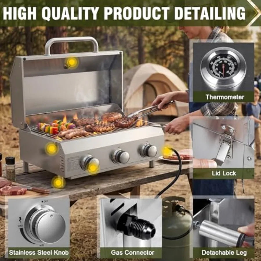 3-Burner Tabletop Gas Grill 30 000 BTU Portable Propane Grill with Heavy-Duty Thickened Stainless Steel Grates and Stainless St