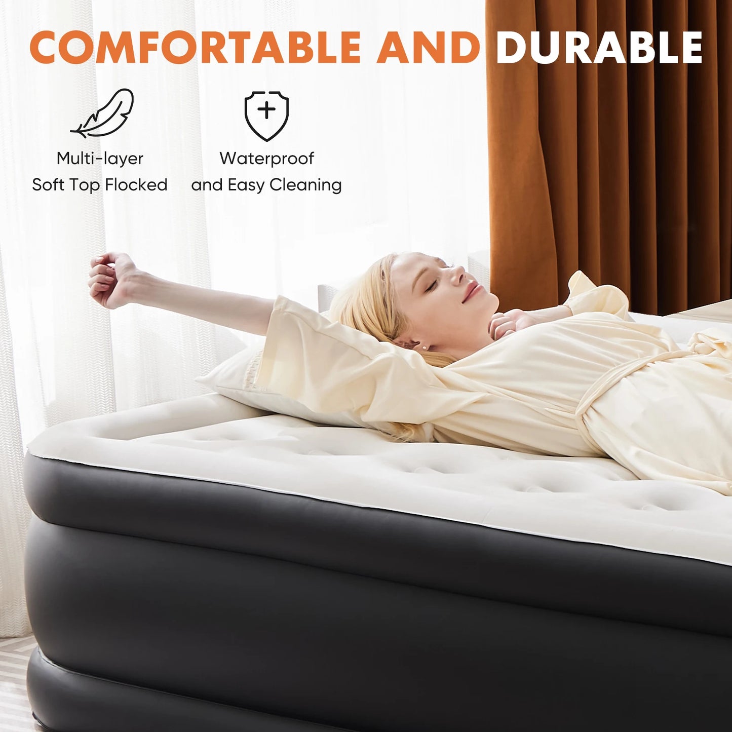 JHK Queen Twin Size Air Mattress Blow Up Double Height Non-Slip Bottom Weight Capacity 660 lbs Air Bed for Bed Home or Camping