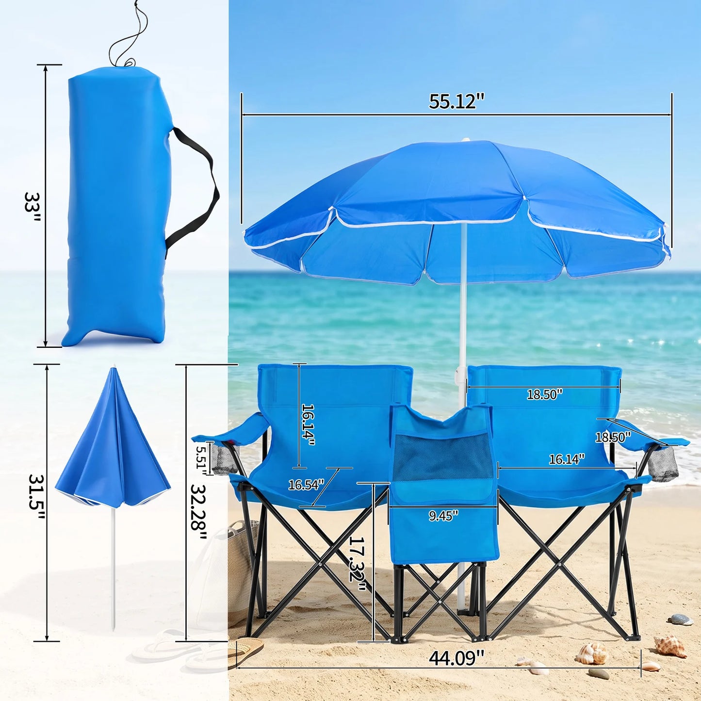 55.91"*19.69"*31.50"Double Folding Beach Chair with Removable Adjustable Umbrella, 2-Person XL Camping Chair with Cooler Bag, Cup Holders, Side Pocket, Heavy Duty 529 lbs Load, Oxford Cloth Iron Frame for Outdoor, Beach, Camp