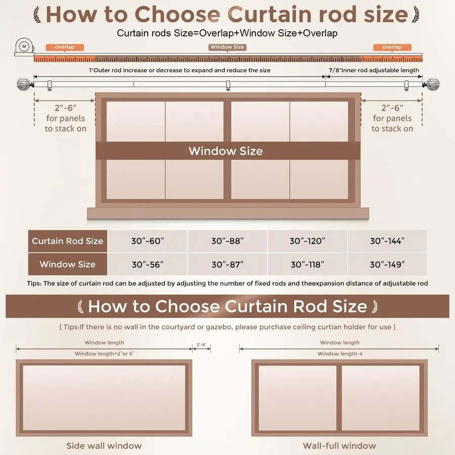 Curtain Rod for Windows 66 to 120 Inch, 1 Diameter Adjustable Heavy Duty Rustic Farmhouse Drapery Rods with Boho Imitation Woode
