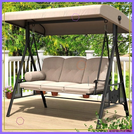 Outdoor Porch Swing 3-Seat with Adjustable Canopy, Beige Cushions for Backyard Garden Poolside
