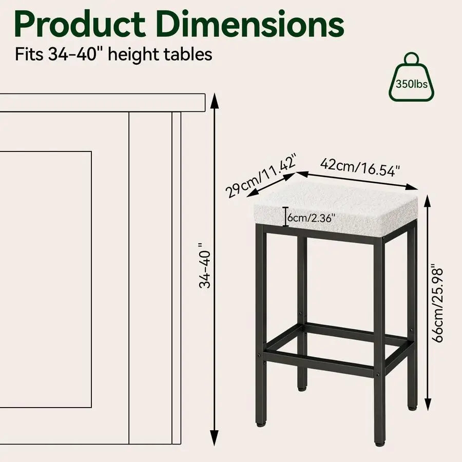 26 Inch Counter Height Bar Stools Set of 2, White Modern Kitchen Barstools with Metal Leg, Bar Stool Chairs for Kitchen Island C