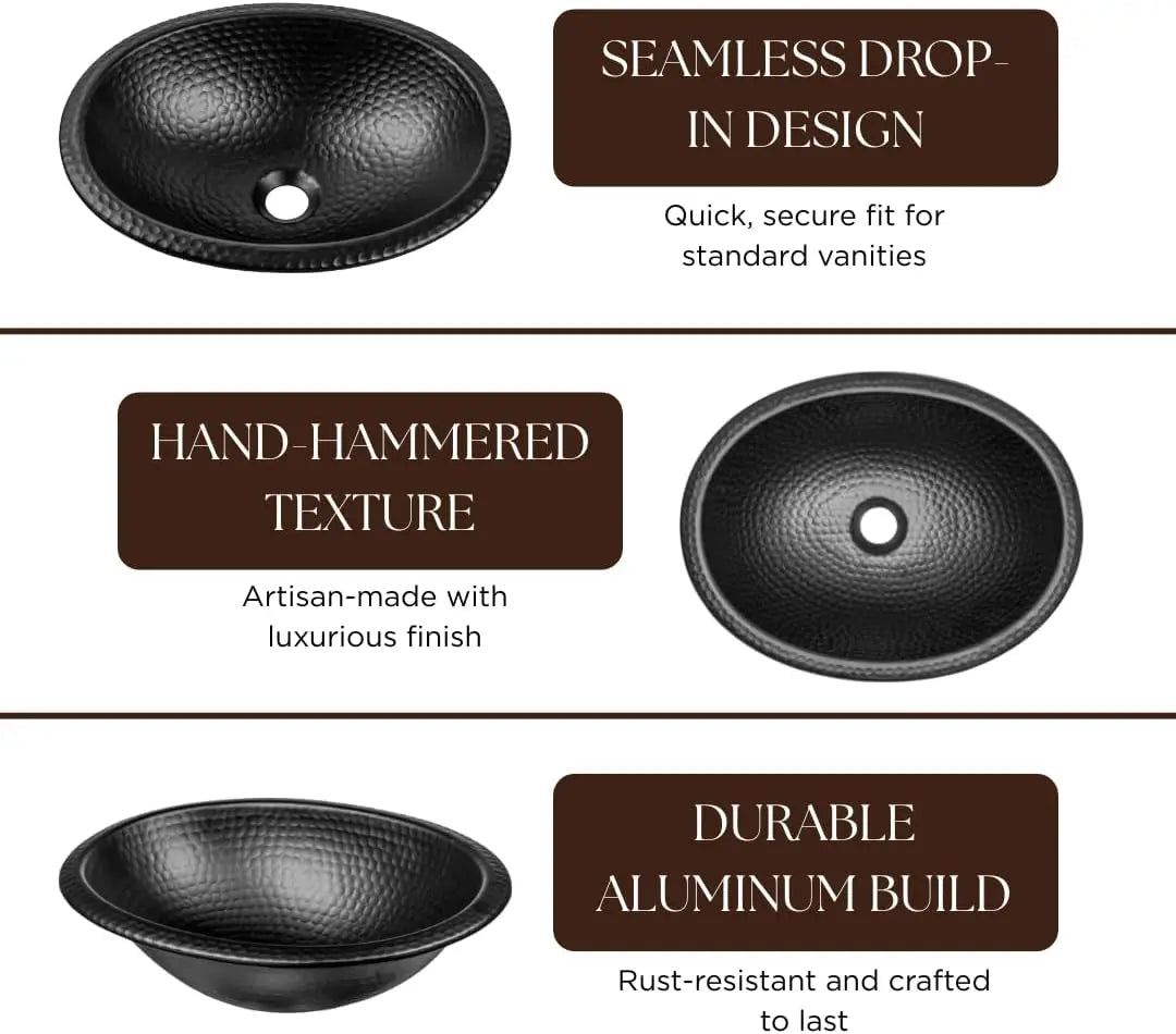 17-Inch Oval Drop In Bathroom Sink, Top Mount Hand Hammered Matte Black Vanity Sink for Countertop, Powder Room or Restroom