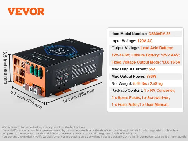 SucceBuy RV Converter 45/55/80Amp 110V AC to 12VDC Battery Charger 4Stage Smart Charging 13V to 16.5V Adjustable Operating Range