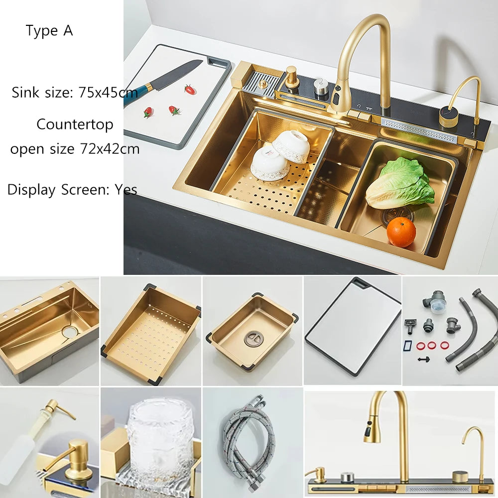 Brushed Golden Smart Digital Display Integrated Kitchen Sink Set Waterfall/Rainfall Water Purifier Soap Dispenser Cup Washer