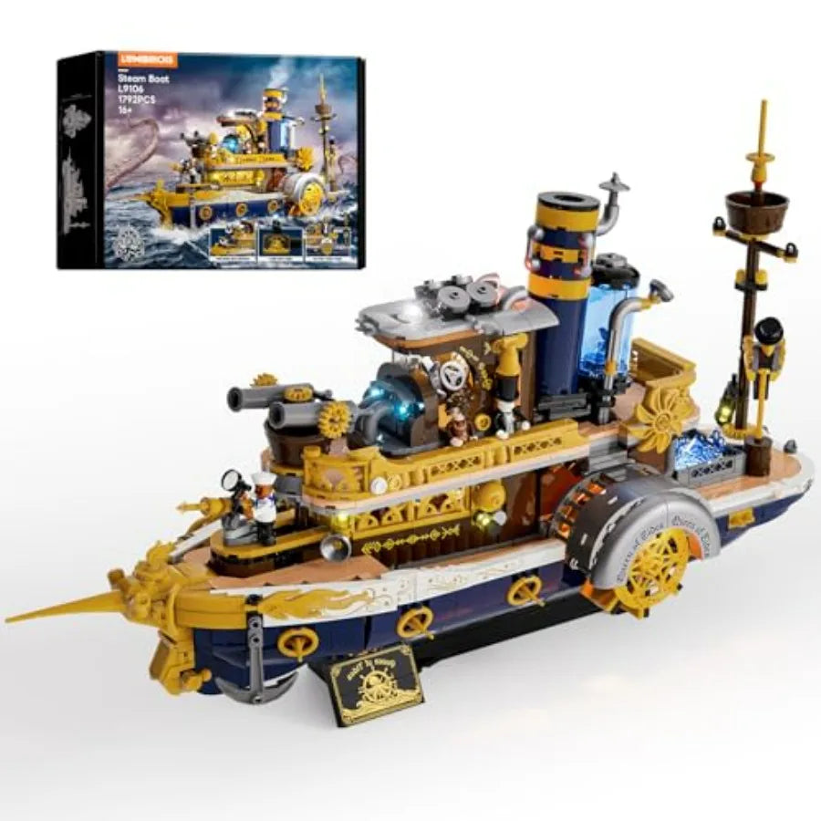 Steampunk Steamship Lighting Building Bricks Set - 1792 Pcs Pirate Ship Destroyer Playset with Minifigures for Adults Teens Ste