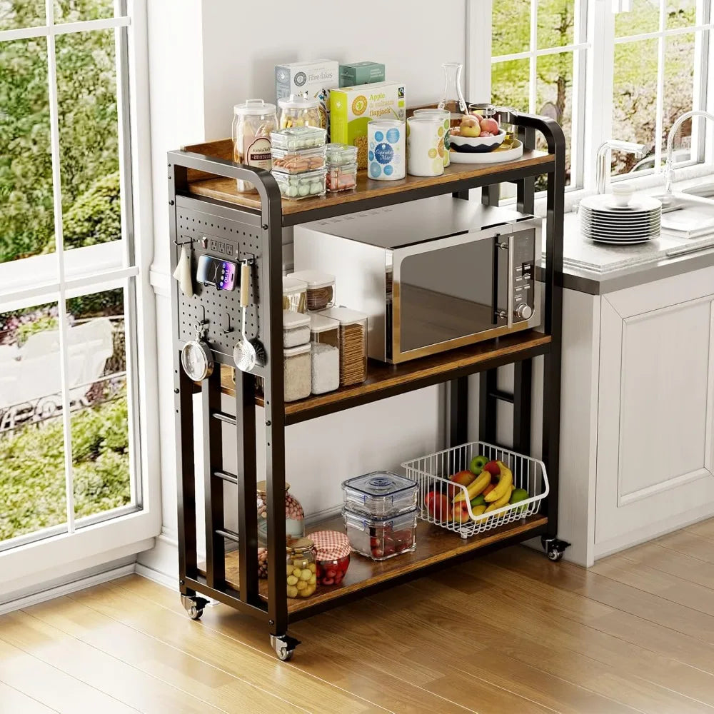 Kitchen Bakers Rack with Power Outlet,With pegboard Bakers Racks, Free Standing Kitchen Storage Shelf Rack, for Living Room, Din