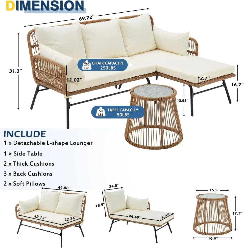3-Piece L-Shaped Patio Furniture Set with Thick Cushions & Tempered Glass Table for Garden Balcony Porch, White