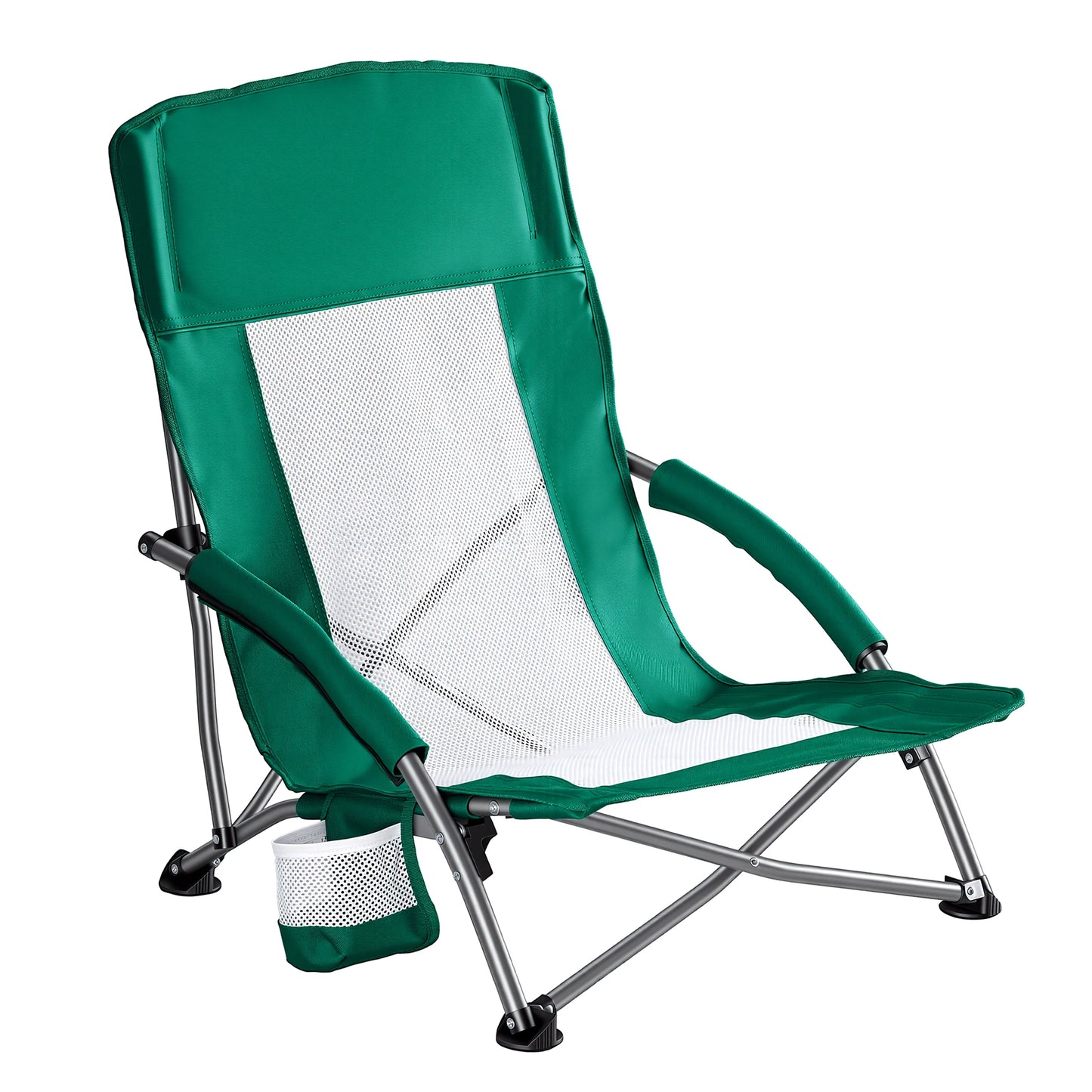 JHK Portable Lightweight Low Camping Beach Chair Mesh Back Padded Armrests Folding Beach Chair with Cup Holder Storage Pocket for Camp Picnic Lawn