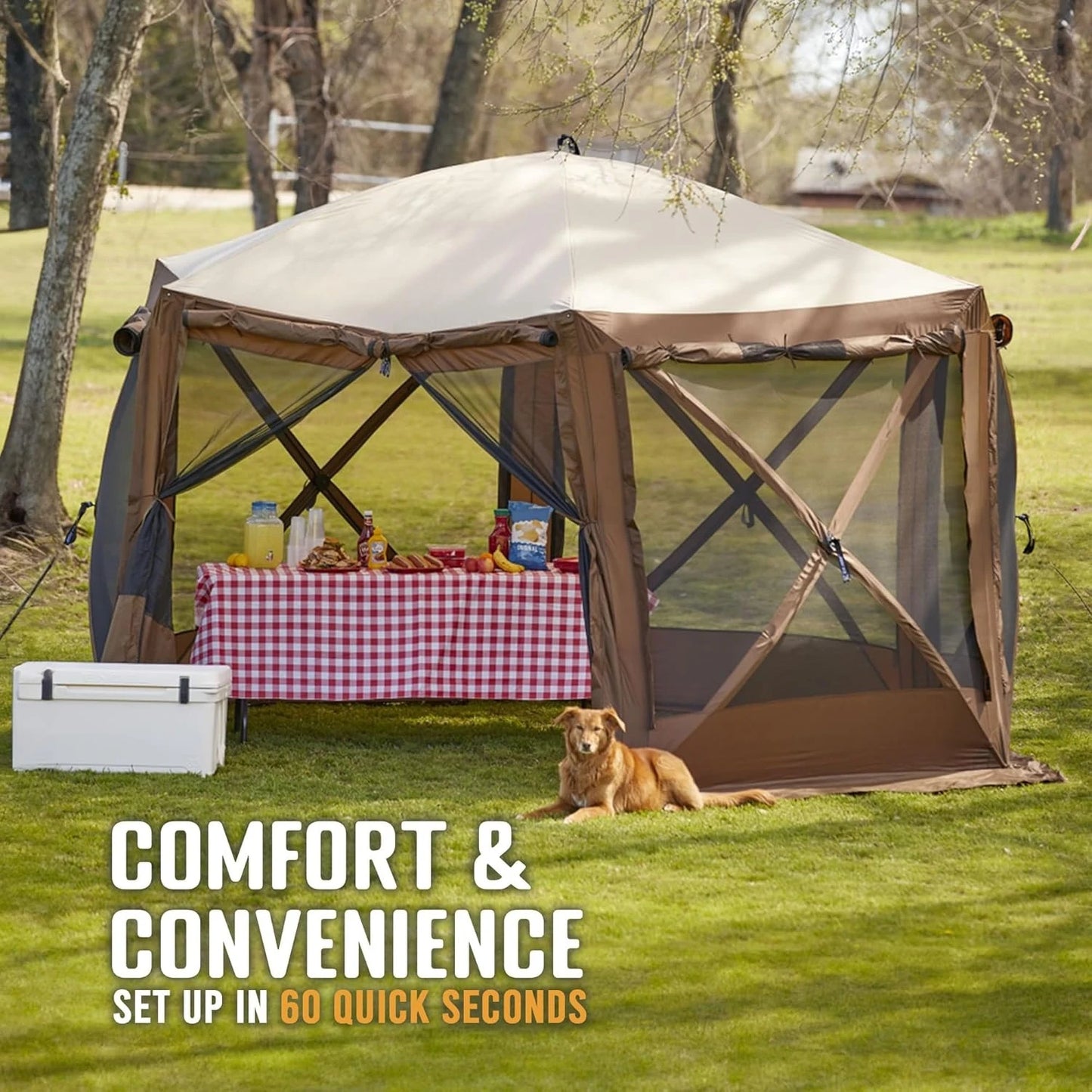 Pop Up Screen Tent, Large Outdoor Camping Gazebo Canopy, Pavilion, 12.5', Brown - Foldable and Portable Screened, Customized