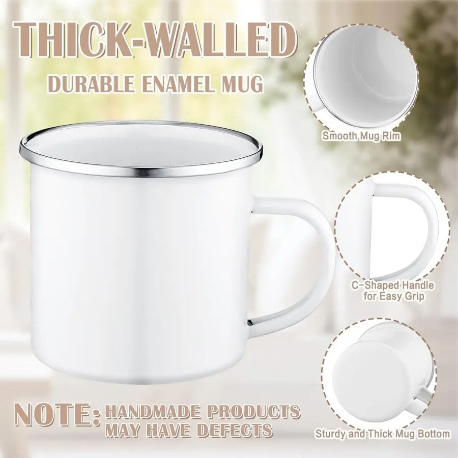 24 Pcs Enamel Mug White Camping Coffee Mug with Handle Silver Rim Portable Drinking Cup Metal Round Camp Enamel Cup for Tea and