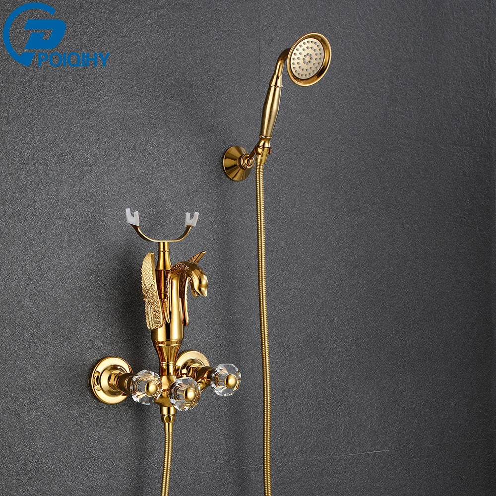 Golden Bath Shower Faucet Set Wall Mounted Swan Bathtub Faucet Bathroom Cold and Hot Bath and Shower Mixer Tap Brass Handshower