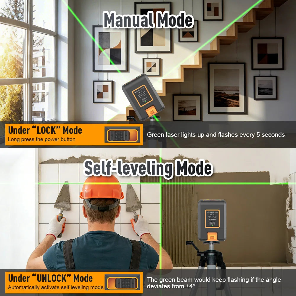 (USA Stock) BOAYAL Laser Level Self Leveling Green Cross Line for Picture Hanging Tile Home DIY Construction Battery Included