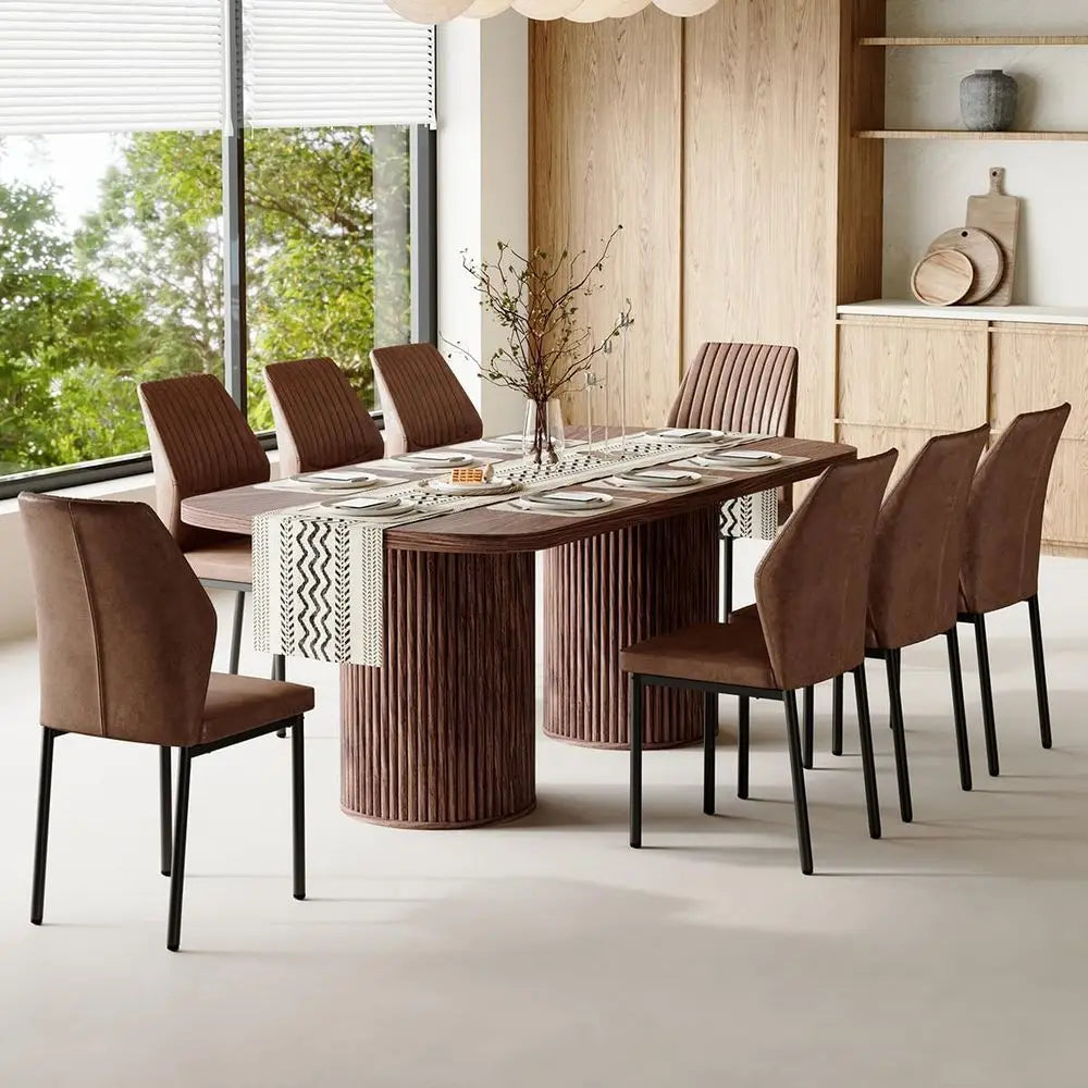 Walnut 8-Seat Century-Style Dining Table Set with Cushioned Chairs for Family Gatherings