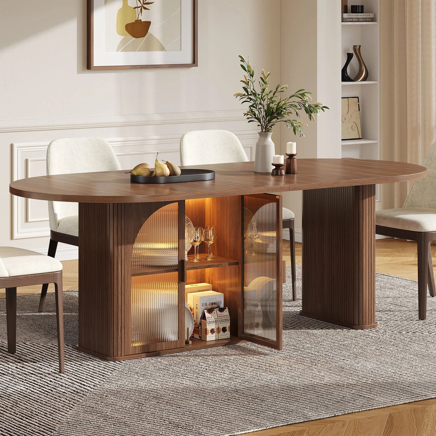 Walnut 70 Inch Oval Dining Table for 6-8 People, Modern Large Dining Room Table with 2-Tier Storage Space, Wood Center Kitchen Table with LED Light, Dinner Table with Heavy Duty Legs