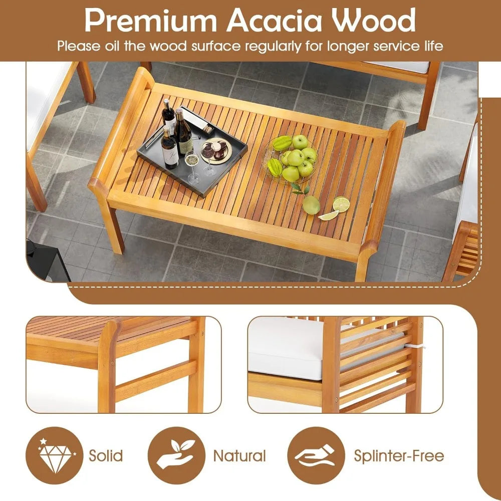 4 Piece Patio Conversation Sets, Acacia Padded Outside Furniture w/Removable & Washable Cushions, Slatted Design, Patio Furnitur