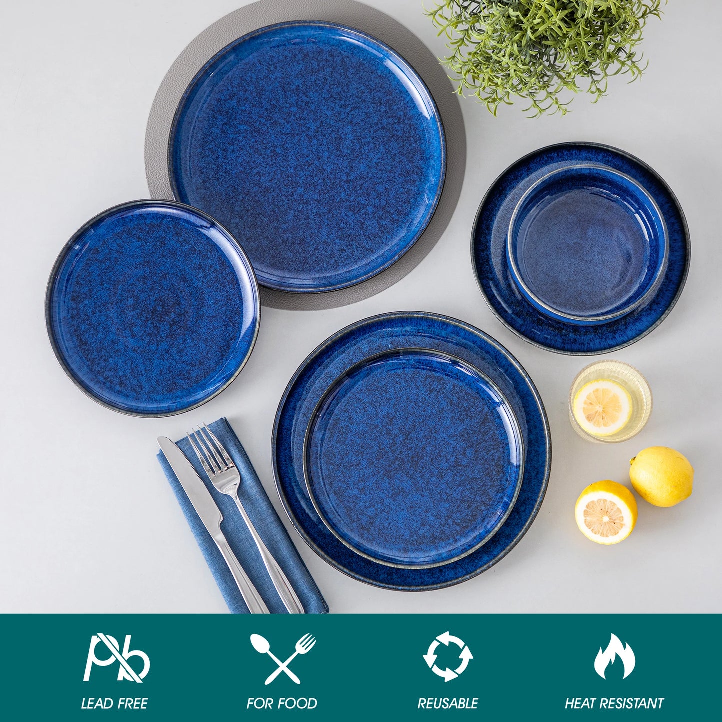 vancasso 12/24 PCS Starry Blue Reactive Glaze Stoneware Dinnerware Sets Ceramic Plates Set with 4 pcs Dinner Plate/Dessert/Bowl